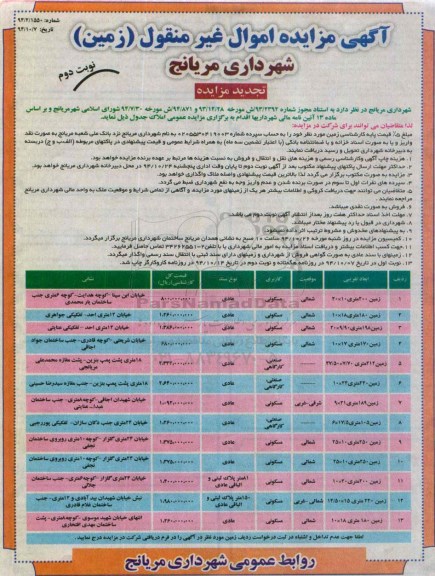 مزایده,مزایده اموال غیرمنقول املاک سیزده قطعه زمین براساس ماده سیزده نوبت دوم