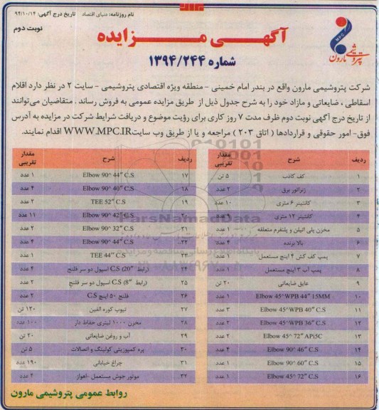 آگهی مزایده , مزایده فروش اقلام اسقاطی، ضایعاتی و مازاد نوبت دوم