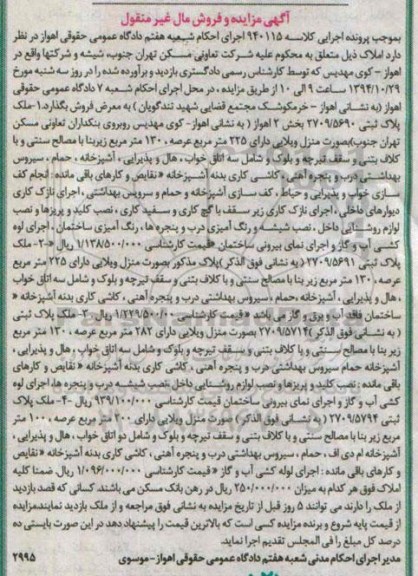 مزایده,مزایده کلاسه 940115 4 قطعه ملک به پلاک ثبتی 