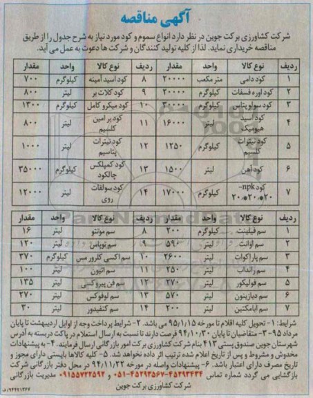 آگهی مناقصه,مناقصه انواع سموم و کود مورد نیاز 