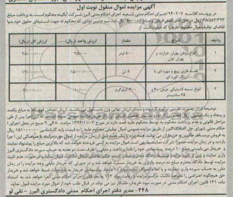 آگهی مزایده اموال منقول , مزایده فروش انواع روغن بهران حرارت و بهران توان ، قفسه فلزی پیچ و مهره ای....