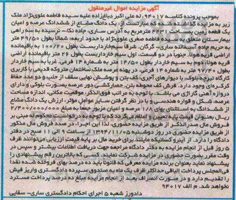 مزایده,مزایده کلاسه 94017 یک دانگ مشاع از ششدانگ عرصه و اعیان یک قطعه زمین4431متر