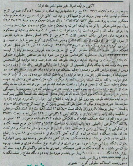 مزایده,مزایده مرحله اول کلاسه 940074.2 ششدانگ مشاع از ششدانگ سرقفلی و ملکیت یکباب واحد تجاری