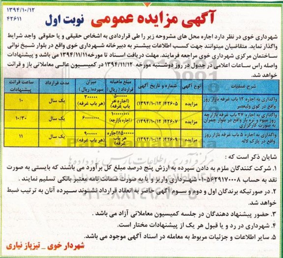 آگهی مزایده عمومی , مزایده واگذاری به اجاره 12 باب غرفه بازار روز ...