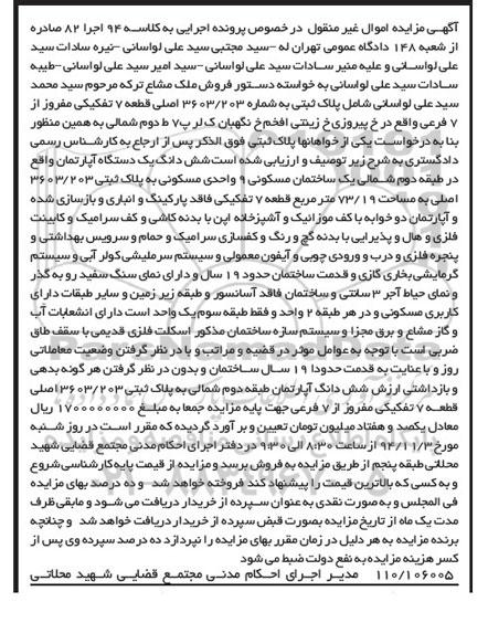 مزایده,مزایده کلاسه 94 اجرا82 پلاک ثبتی 