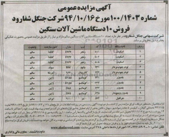 مزایده  , مزایده  فروش 10 دستگاه ماشین آلات سنگین