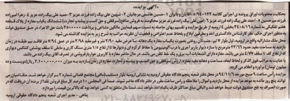مزایده,مزایده کلاسه 5.940122 ششدانگ مغازه از پلاک قطعه هفتم