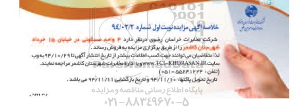 مزایده,مزایده فروش 4 واحد مسکونی خیابان 15 خرداد در شهرستان کاشمر شماره 94.02.2