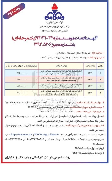 مناقصه عمومی یک مرحله ای , مناقصه عمومی یک مرحله ای  انجام خدمات قرائت کنتور و توزیع صورتحساب مشترکین گاز نوبت دوم 