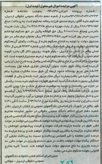 مزایده,مزایده شماره پرونده 940148 نوبت اول پلاک ثبتی اپارتمان تجاری