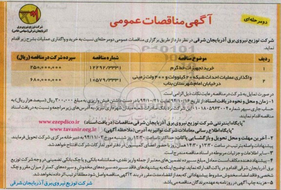 آگهی مناقصات عمومی , مناقصات خرید تجهیزات خط گرم ....