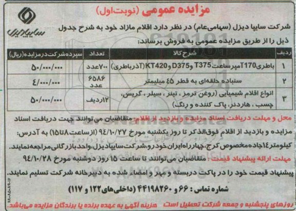 مزایده , مزایده  باطری 170 آمپر ساعت T375 و D375 و KT420 (آذرباطری) نوبت اول 