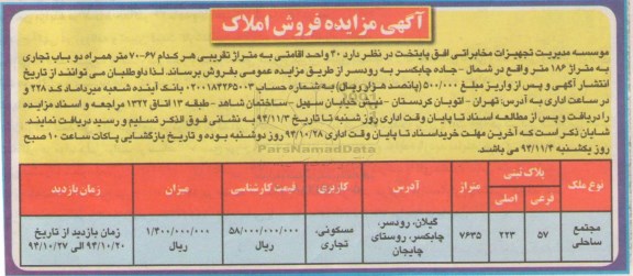 مزایده,مزایده فروش 40 واحد اقامتی همراه دو باب تجاری 