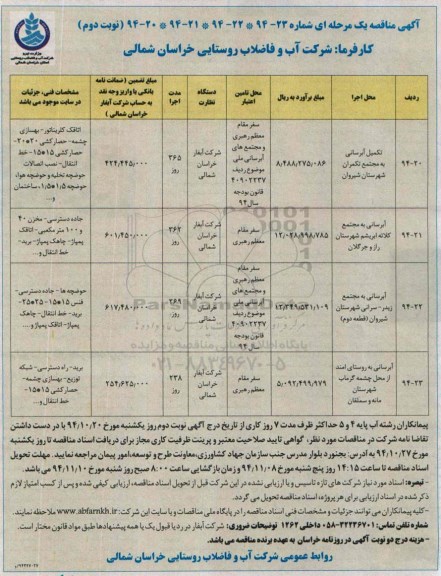 آگهی مناقصه یک مرحله ای , مناقصه تکمیل آبرسانی  نوبت دوم
