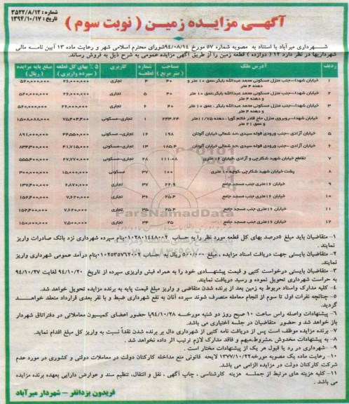 مزایده,فروش تعداد 12 قطعه زمین نوبت سوم ماده سیزده ایین نامه شهرداری