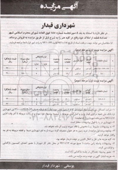 مزایده,مزایده فروش تعداد 8 قطعه از املاک در کلبه هنر