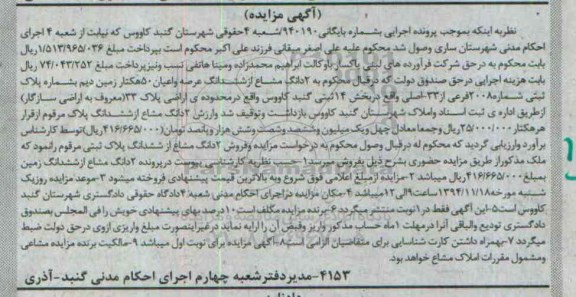 مزایده,مزایده به شماره بایگانی940190 فروش دو دانگ مشاع از ششدانگ عرصه و اعیان50هکتار زمین دیم