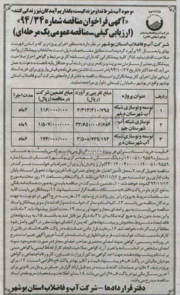 آگهی فراخوان مناقصه, مناقصه توسعه و نوسازی شبکه آب