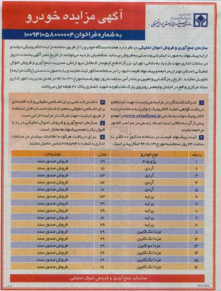 آگهی مزایده, مزایده فروش هفده دستگاه خودرو