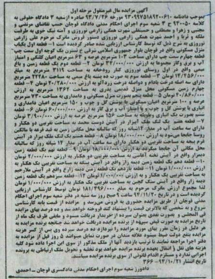 مزایده,مزایده کلاسه 940050مرحله اول فروش ماترک دوازده قطعه ملک
