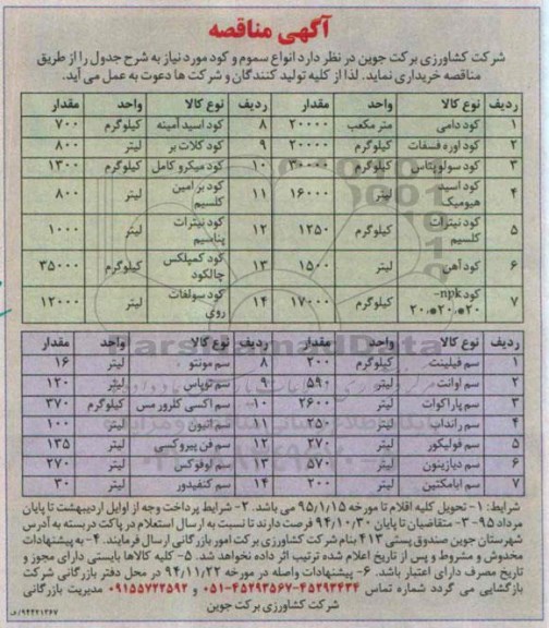 آگهی مناقصه,مناقصه انواع سموم و کود مورد نیاز  94.10.22
