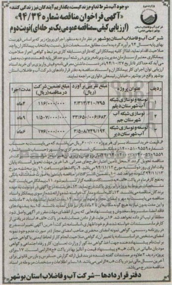آگهی فراخوان مناقصه, مناقصه توسعه و نوسازی شبکه آب-نوبت دوم 