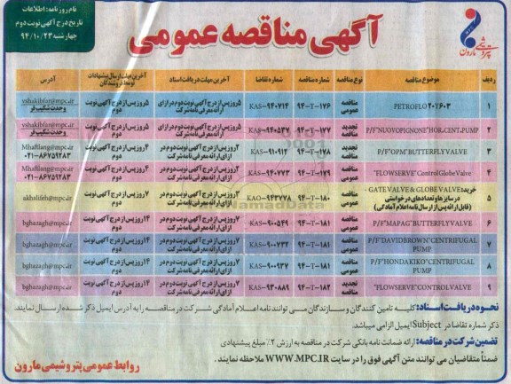 آگهی مناقصه عمومی, مناقصه PETROFLO20Y603- نوبت دوم