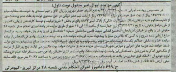 مزایده,مزایده شماره 940024.28 ملک از پلاک ثبتی بخش 9 تبریز نوبت اول