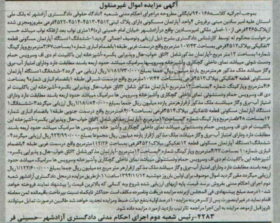 مزایده,مزایده کلاسه 940168 اپارتمان قطعه سه تفکیکی واقع درسمت غربی طبقه یک 
