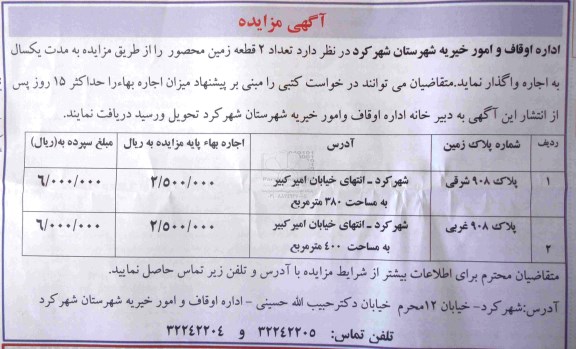 آگهی مزایده , مزایده تعداد 2 قطعه زمین محصور