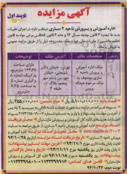مزایده,مزایده ملک اداره آموزش پرورش دارای مساحت 124.65متر 