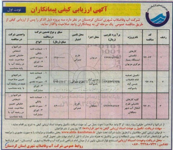 ارزیابی کیفی پیمانکاران, ارزیابی کیفی کارهای تکمیلی ایستگاه پمپاژ مرکزی مریوان و....