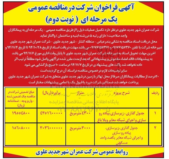 آگهی فراخوان شرکت در مناقصه عمومی یک مرحله ای , مناقصه جدولگذاری ، زیرسازی ، پیاده روسازی و اجرای شبکه معابر ویلا باغ... نوبت دوم