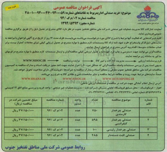 آگهی فراخوان مناقصه عمومی, فراخوان خرید صندلی اداری