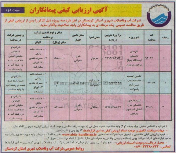 ارزیابی کیفی پیمانکاران, ارزیابی کیفی کارهای تکمیلی ایستگاه پمپاژ مرکزی مریوان و.... نوبت دوم 