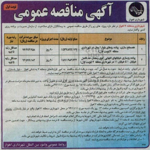 آگهی مناقصه عمومی , مناقصه همسطح سازی، پیاده روهای بلوار ایمان 