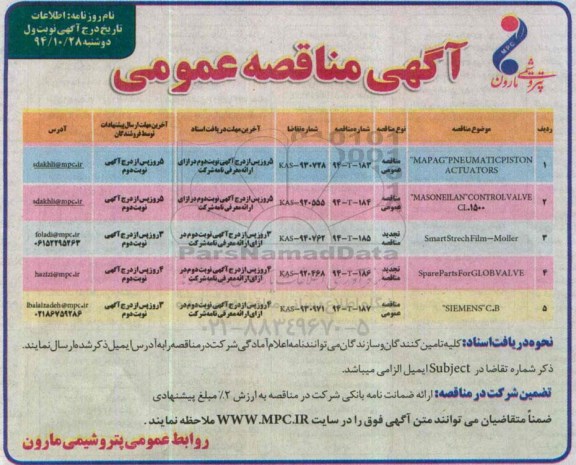آگهی مناقصه عمومی, مناقصه MAPAG PNEUMATICPISTON ACTUATORS نوبت اول