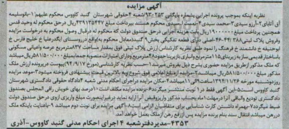 مزایده,مزایده شماره 930253 پلاک ثبتی قطعه تفکیکی بخش نه گنبد 