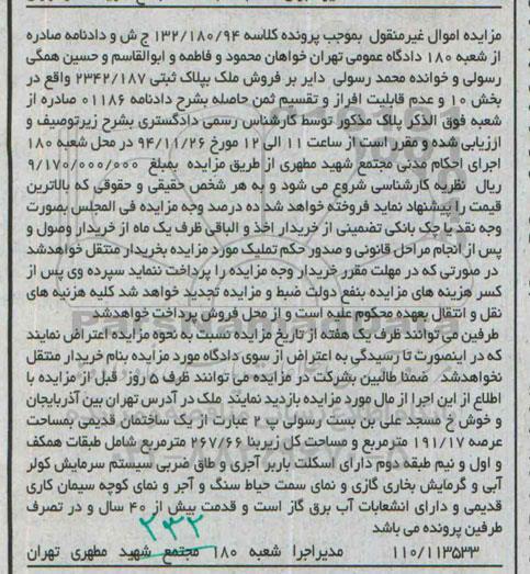 مزایده,مزایده ساختمان قدیمی 191.17متر کلاسه 132.180.94