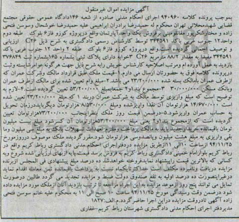 مزایده,مزایده کلاسه 940960 فروش یک واحد اپارتمان واقع در پروژه کوزو فاز شش