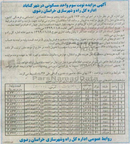 مزایده,مزایده نوبت سوم واحد مسکونی در شهر گناباد