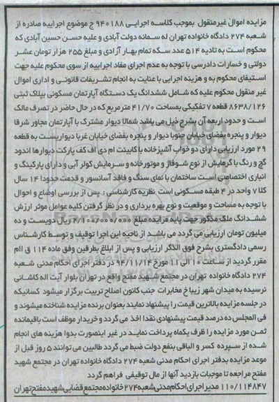 مزایده,مزایده کلاسه اجرایی 940188 اپارتمان در حال حاضر در تصرف مالک