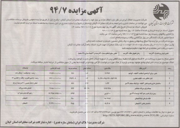 مزایده,مزایده فروش املاک مازاد بر نیاز در شرکت مخابرات استان گیلان 94/7
