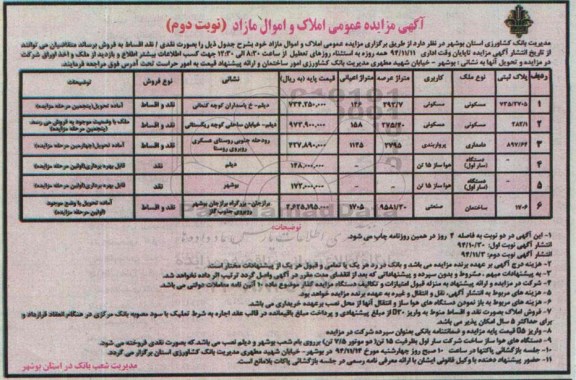 مزایده,مزایده املاک و اموال مازاد نوبت دوم