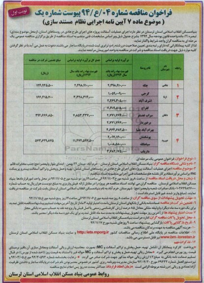 فراخوان مناقصه, مناقصه اجرای عملیات آسفالت پروژه های اجرایی طرح هادی  