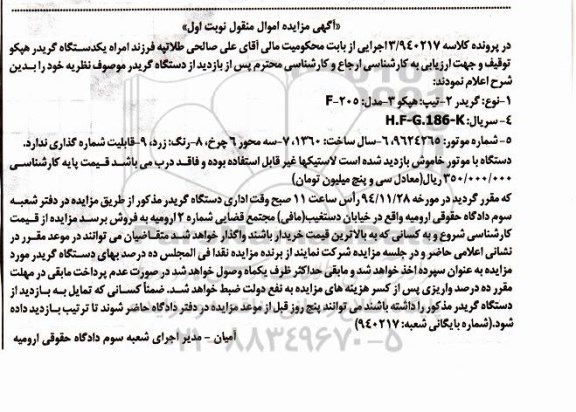 آگهی مزایده , مزایده فروش یک دستگاه گریدر هپکو مدل F-205