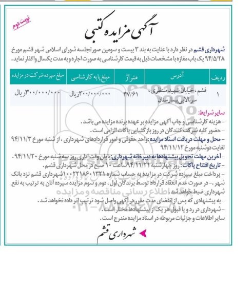 مزایده , مزایده واگذاری یک باب مغازه نوبت دوم