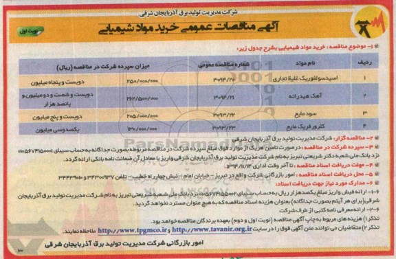 آگهی مناقصات عمومی , مناقصه خرید مواد شیمیایی نوبت اول 