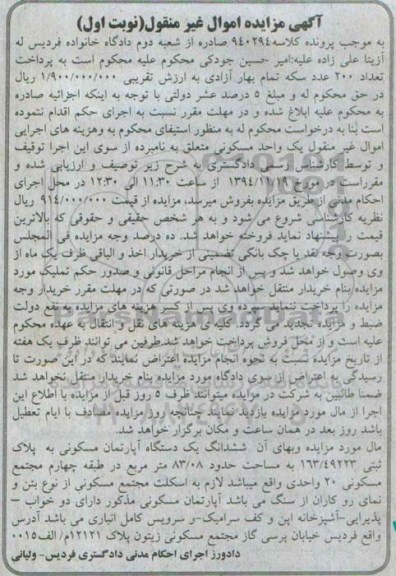 مزایده,مزایده کلاسه 940294 اپارتمان طبقه 4 مجتمع مسکونی 20 واحدی نوبت اول
