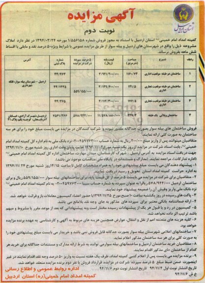 مزایده,مزایده فروش املاک در شهرستان های اردبیل و بیله سوار نوبت دوم